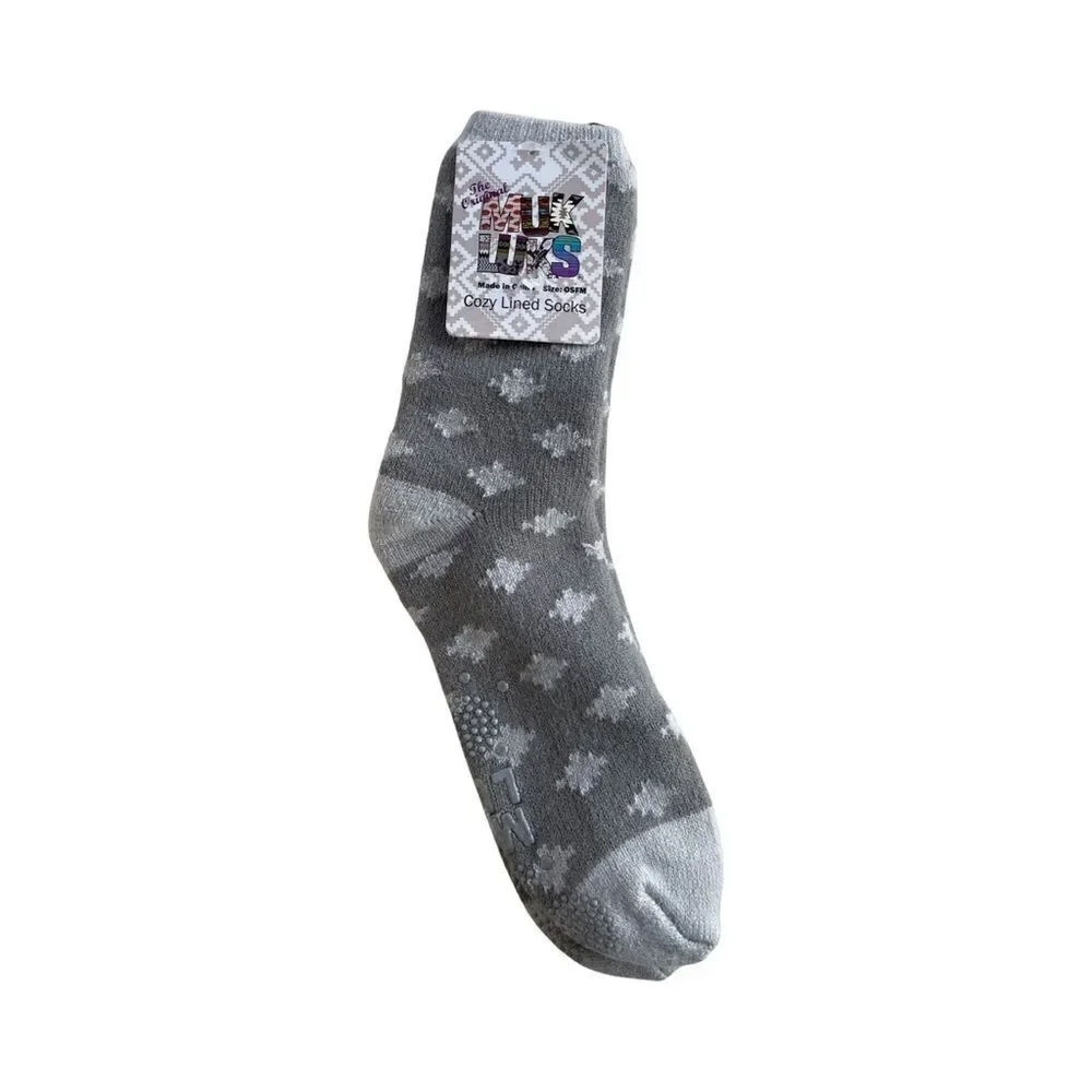 The Original Muk Luks Cozy Lined Socks Gray Geometric Print  Gripped Socks OSFM